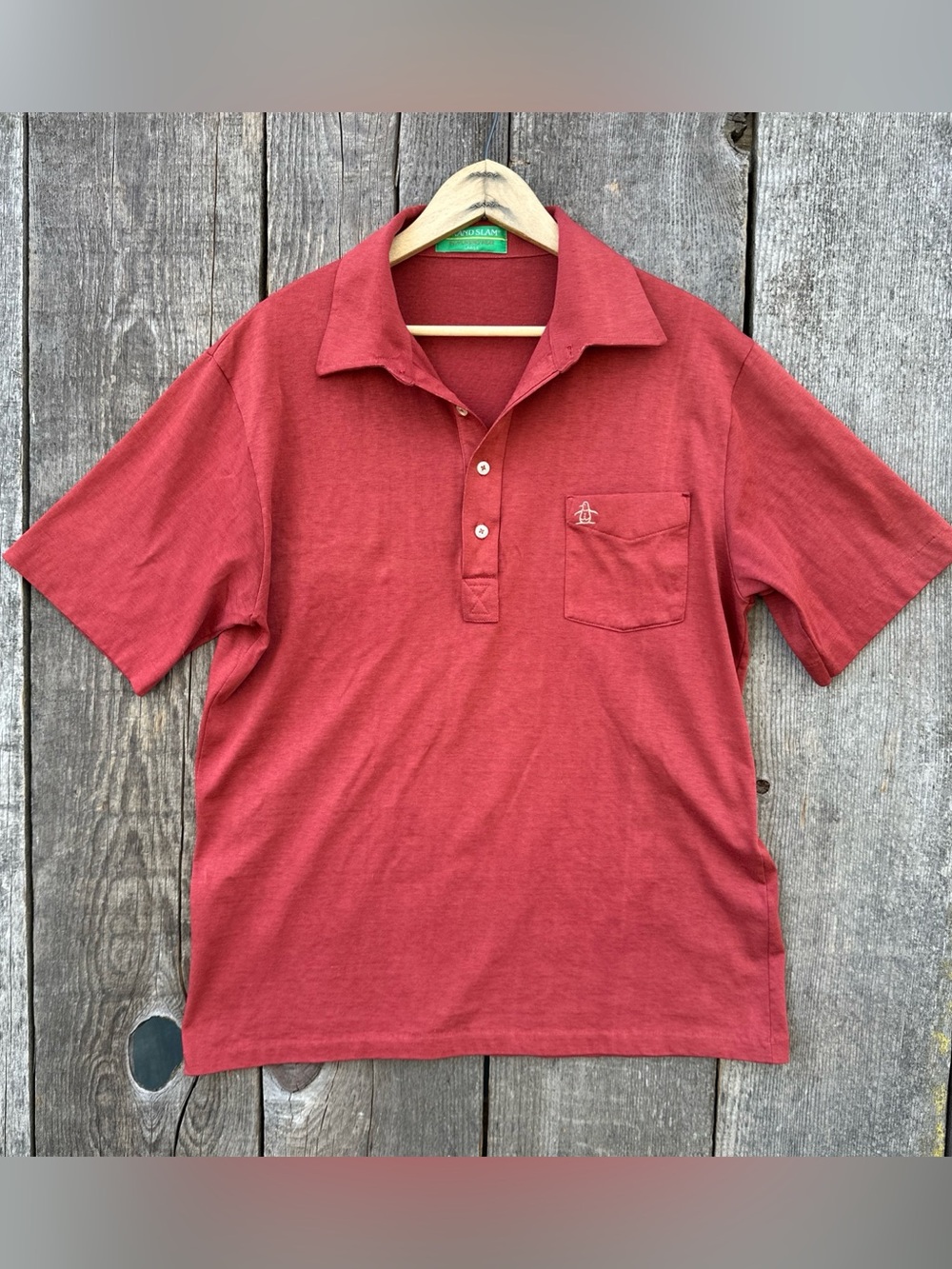 VTG 70s Munsingwear Grand Slam Penguin Polo Shirt Brick Red Green Tag Med-Large